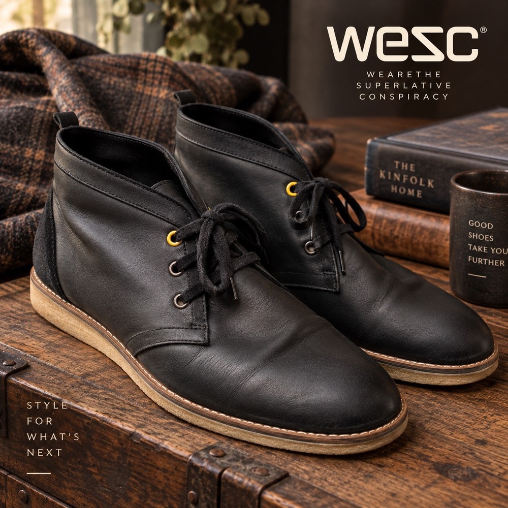 WeSC Mens Black Leather Chukka Boots Suede Heel Crepe Sole Size 11 EU 44